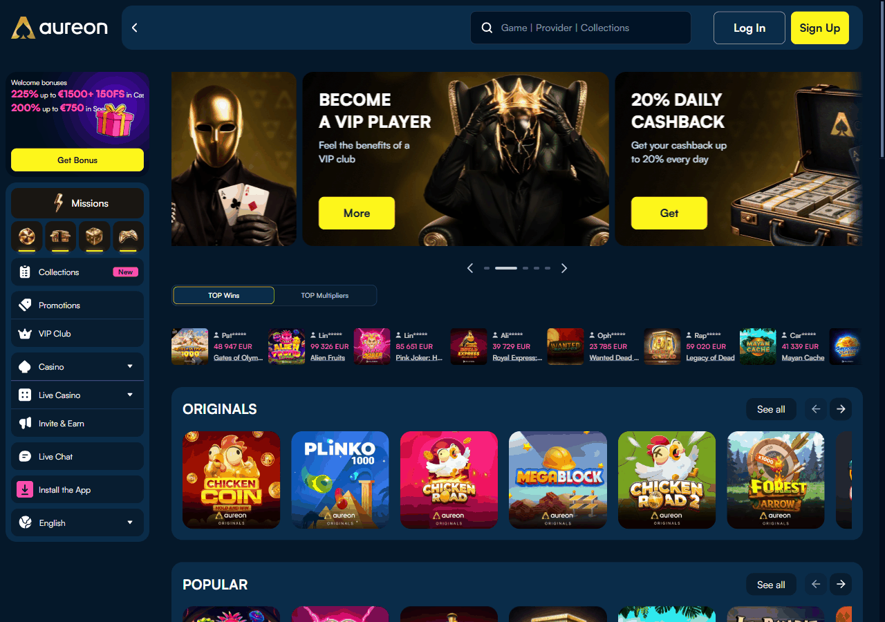 Kuvakaappaus: Aureonplay Casino — etusivu (aureonplay.com)