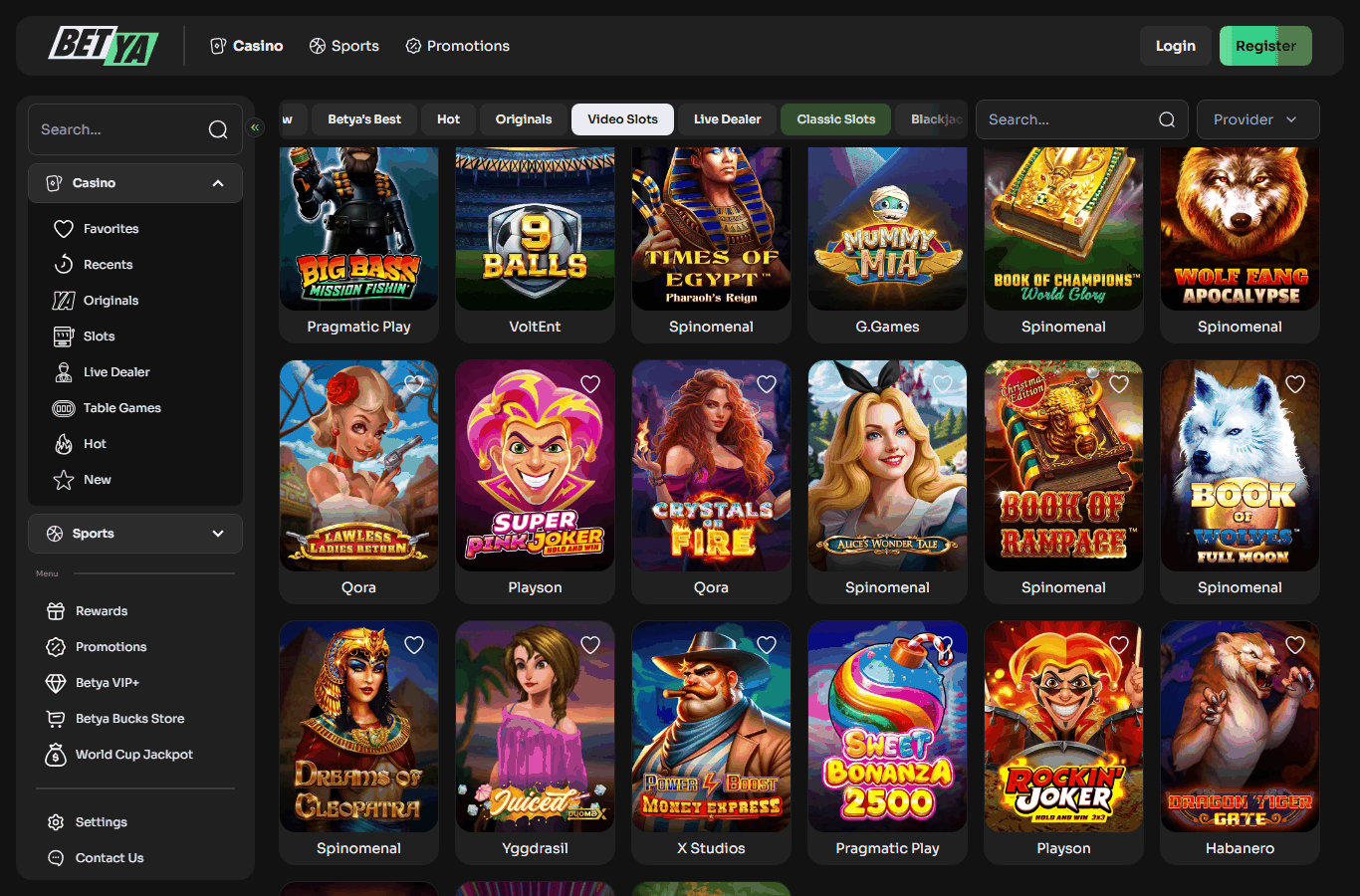 Kuvakaappaus: Betya Casino — pelit