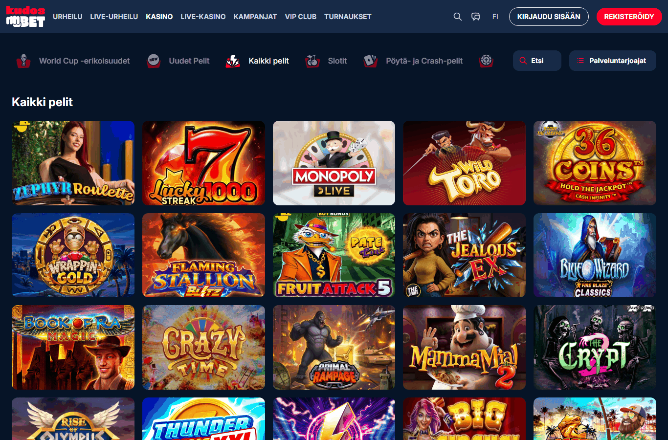 Kuvakaappaus: Kudosbet Casino — pelit