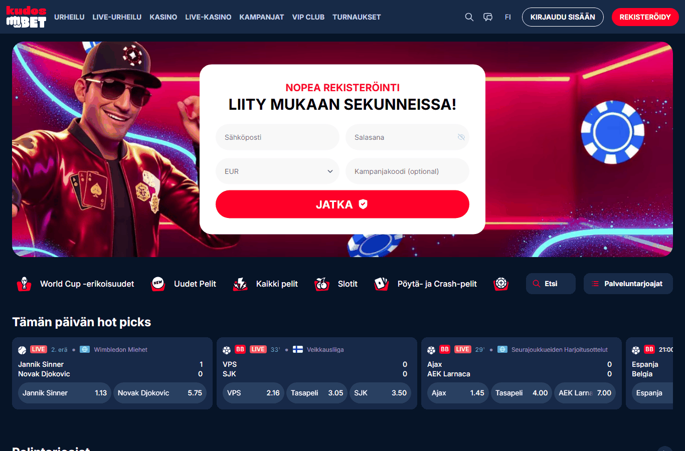 Kuvakaappaus: Kudosbet Casino — etusivu (kudosbet.com)