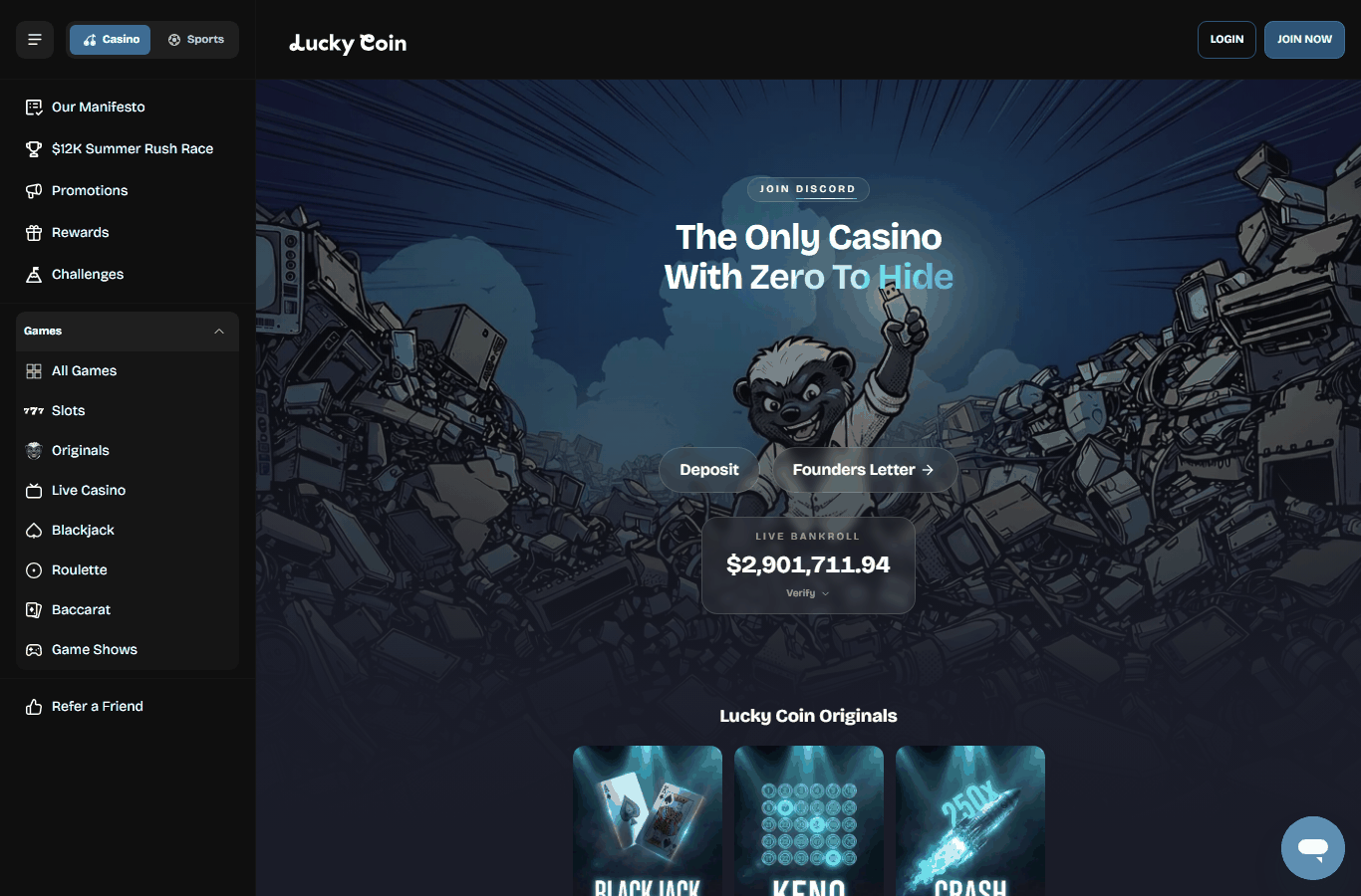 Kuvakaappaus: Lucky Coin Casino — etusivu (luckycoin.com)